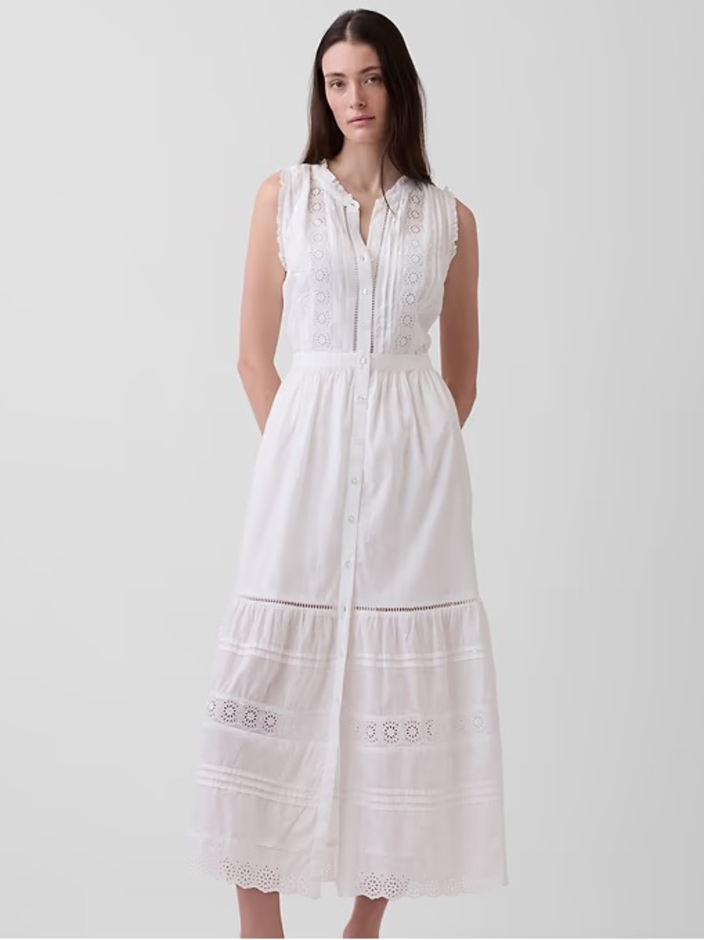 NWT! GAP White Lace-Trim Tiered Midi Shirtdress - Medium 🪂 - Picture 1 of 7